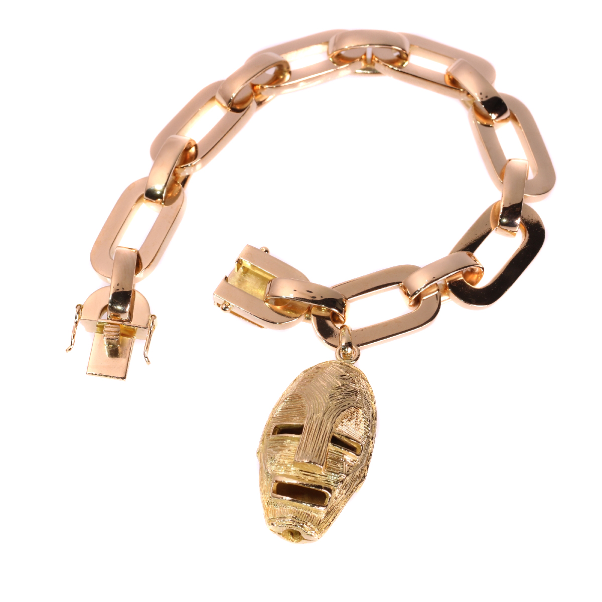Vintage Fifties solid pink gold heavy bracelet with yellow gold ethnic african mask